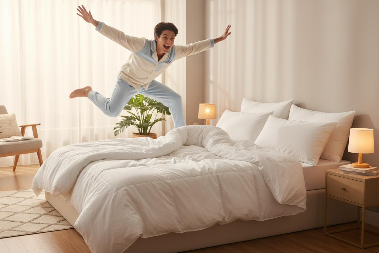 someone jumpign into bed